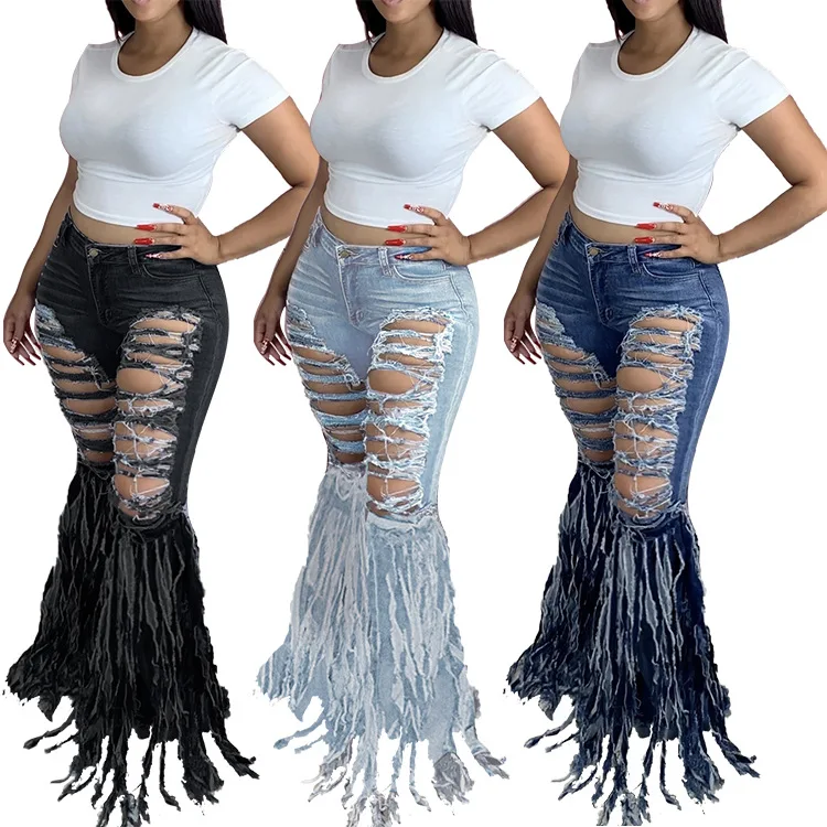 

Explosive Style Fringed Brushed Women's Denim Pants With Tassel Leg Ripped Bell-Bottom Jeans Women