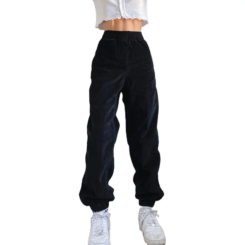 

2021 fashion street style elastic pants women 100% polyester fabric casual corduroy trousers high waisted pants, Picture