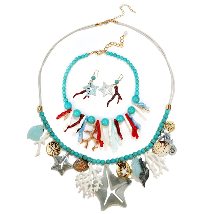 

New Acrylic Material Earrings Female Bohemian Seashell Star Coral Beach Necklace Set, Picture shows