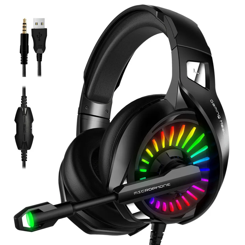 

2021 factory hot sales RGB Light gaming headset tangle free earphones with mic gaming headphones for pc mobile gaming headsets