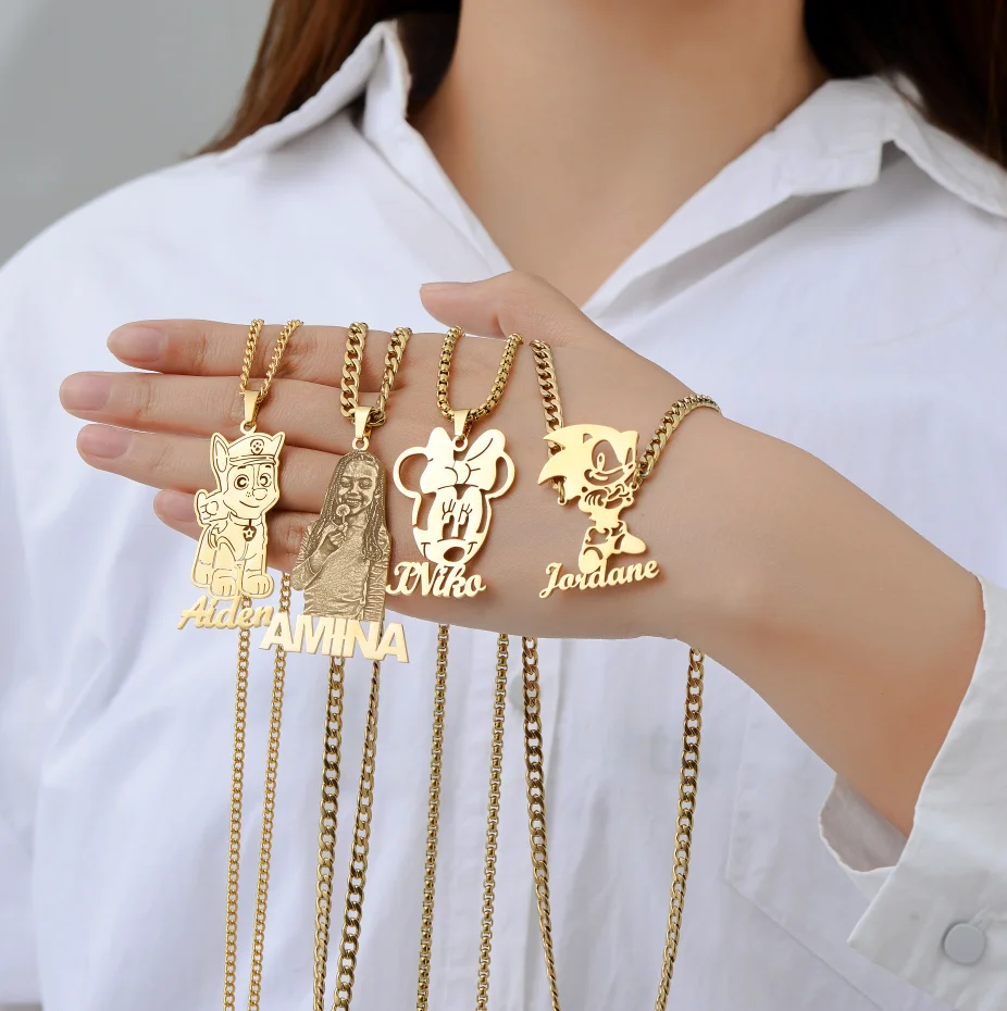 

Gold Plate Cartoon Name Pendent Necklace For Kids Custom Personal Photo Picture Nameplate Pendent for Family Gifts