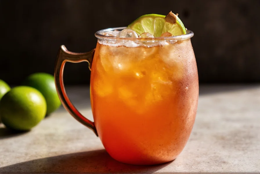 Moscow Mule cocktail in copper mug with fresh lime and ginger garnish