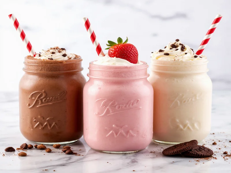 Three milkshake variations in mason jars: chocolate, strawberry, cookies and cream