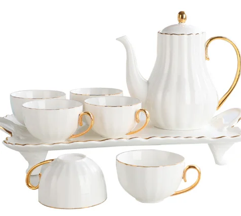 

China Made Tableware White Pumpkin Porcelain Ceramic 8 PCS Tea Cup Sets With 1 Teapot 6 Cups