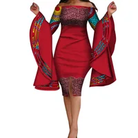 

African Dress for Women Sexy Slash Neck Big Flare Sleeve Bodycon Dresses Africa Bazin Riche Lady Women Party Half-Dress WY3744
