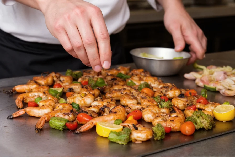 Chef's hands drizzling Pepper Reign sauce over grilled shrimp with vegetables on a stainless steel cooking surface