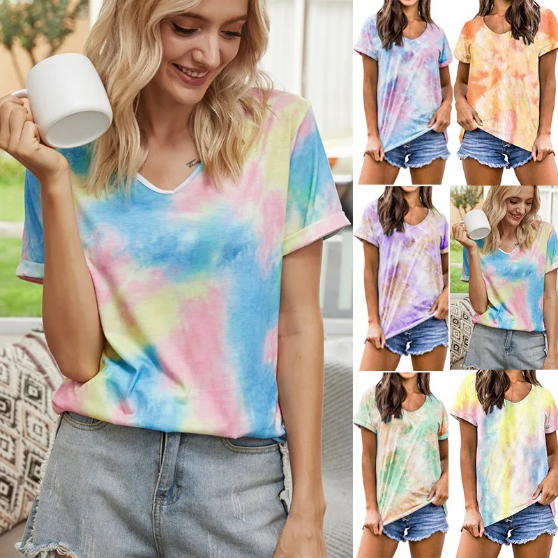

Summer Tisort Female t Shirts Gradient Tie Dye Short Sleeved Loose Camiseta Crop Tops t-Shirts Women