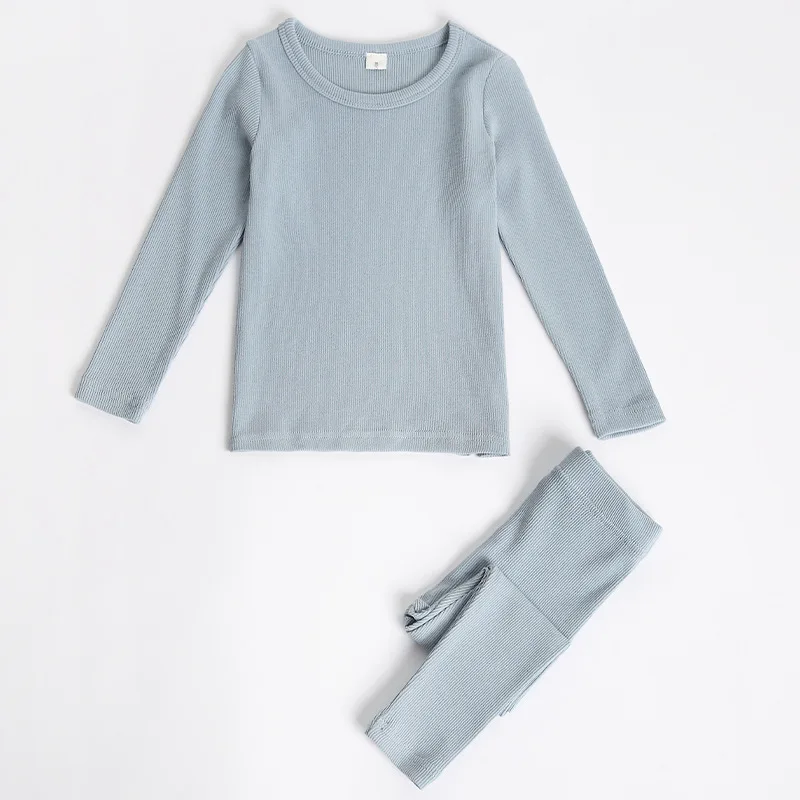 

children pajamas kids plain color ribbed cotton pajamas sets girls boys long sleeves sleepwear, Yellow,brown,white,pink,blue,gray,navy