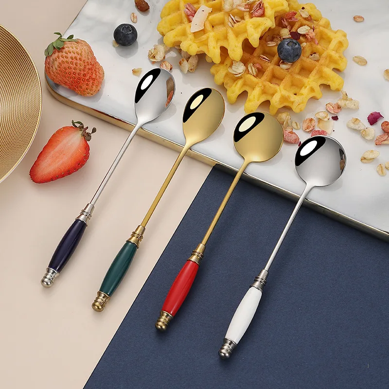 

304 Stainless Steel European Retro Ceramic Long Handle Luxury Dessert Stirring Mug Coffee Spoon, Rose gold