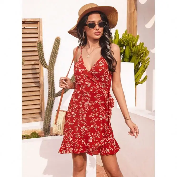 

OLIVE Hot Sale 2021 Backless Sleeveless V Neck Flower Printed Women Casual Dress Summer Dresses Woman Clothing