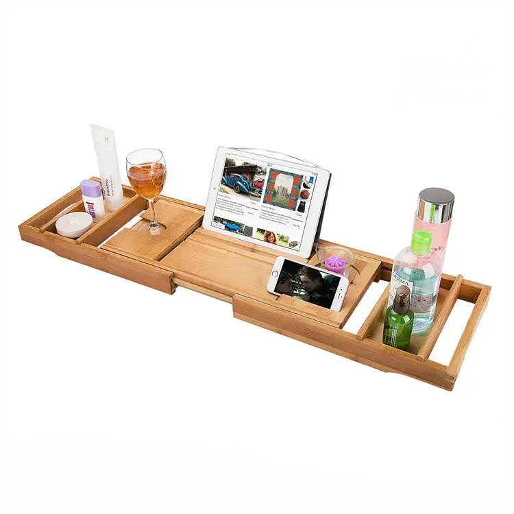 

Bambusi Premium Natural Color Bamboo Folding Shower Bathtub Cuddy Shelf Bath Tub Holder Bathroom Tray with Extending Sides