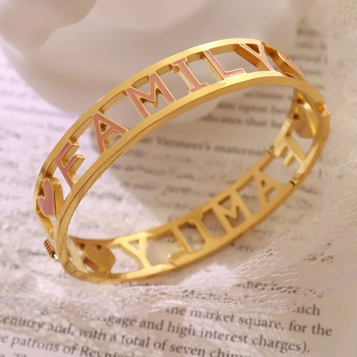 

Waterproof 18K Real Gold Plated Titanium Steel FAMILY Bracelets Oil Drip Letter Open Bangle For Girl Women