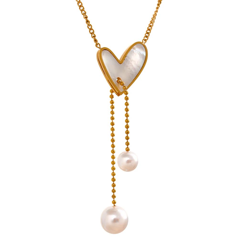 

JINYOU 855 Shell Heart Pendant Imitation Pearl Drop Dangle Stainless Steel Necklace Gold Cheap Trendy Fashion Wholesale Jewelry