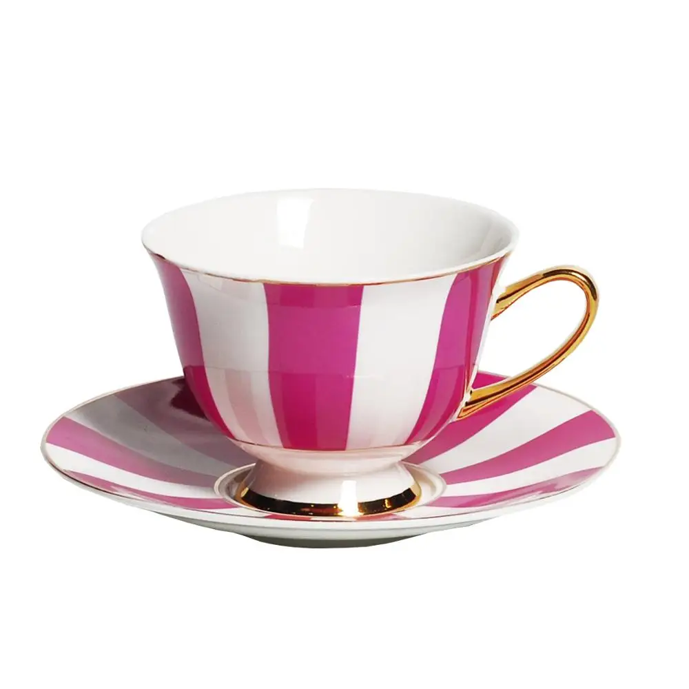 

Set of 6 Chaozhou porcelain drinkware stripe design wholesale custom tea cup and saucer with gold rim, Pink,blue,green,red,purple,yellow,etc/customized