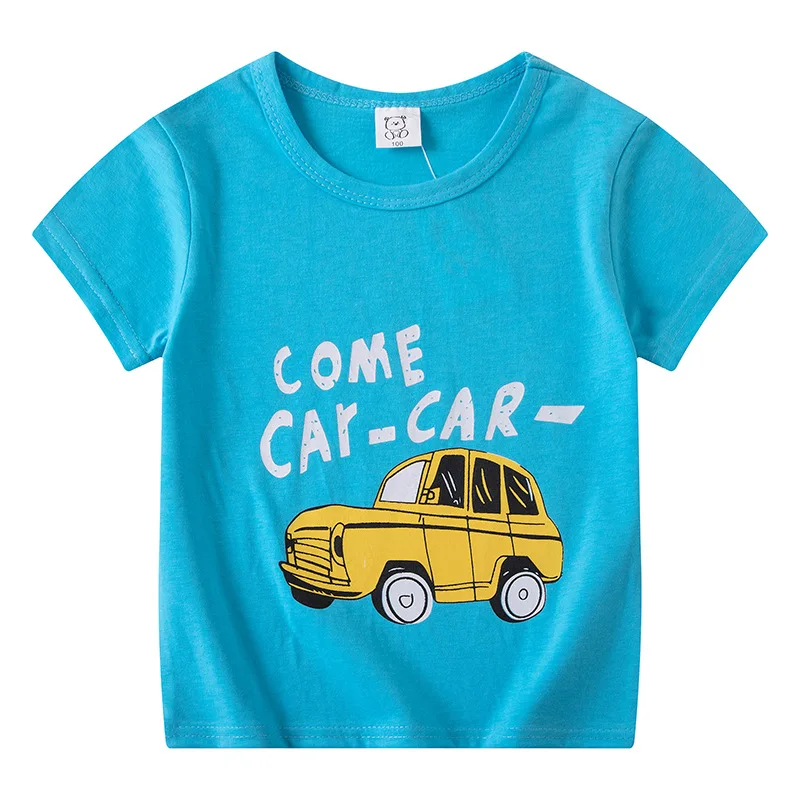 

In stock 100% cotton Toddler Boys o-neck t-shirts summer for kids clothing dinosaur Wholesale, White , black , pink , red and so on