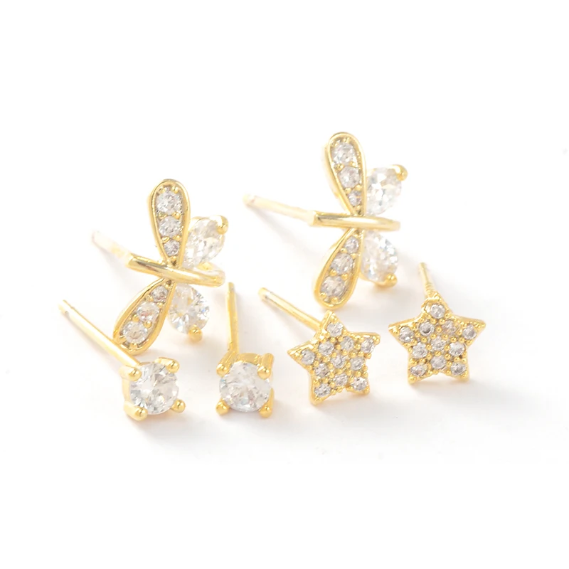 ED64093 Korean cute gold plated women jewelry 3 pairs set star bowknot stud earring