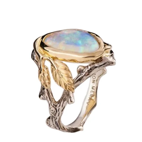 

Hot sale retro opal ring creative golden leaves retro branch opal ring