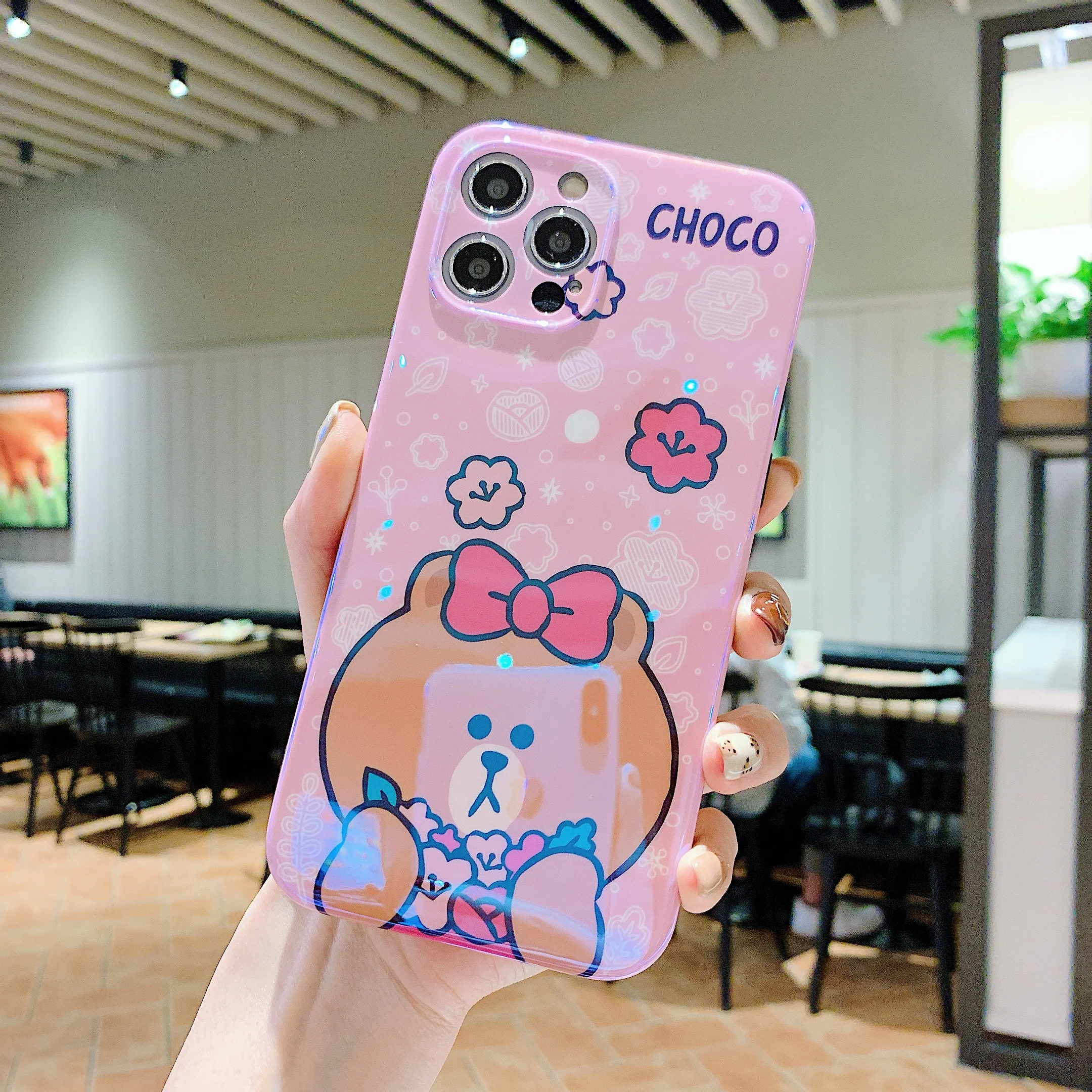 

2021 Anime Bear With Flower Blue Light IMD Phone Cases For iPhone 12 Pro Max 8 Plus XR XS Max SE2020 Back Cover Cartoon IMD Case