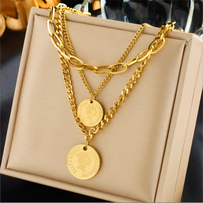 

Stainless Steel Gold Color Round Coin Portrait Pendant Necklace For Women Girl New Trend Multilayer Chains Jewelry