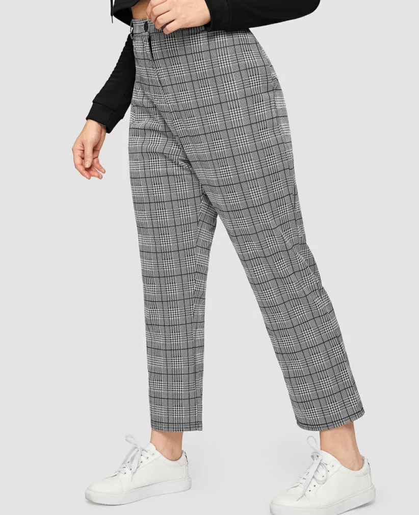 

Factory Direct Gray Plaid Pocket Side Straight Leg Casual Pants For Women