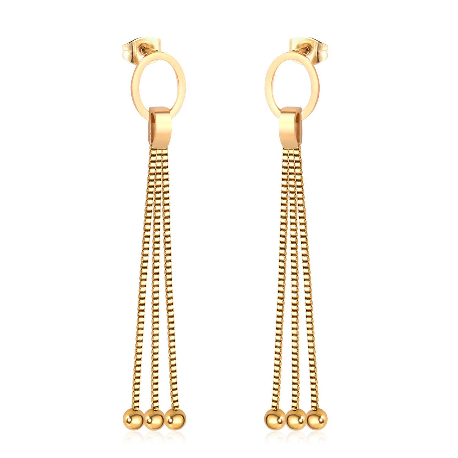 

Designer Popular Brands Wholesale Steel Ball Brushed Rectangular Hollow Stainless Steel Drop Statement Gold Plated Earrings