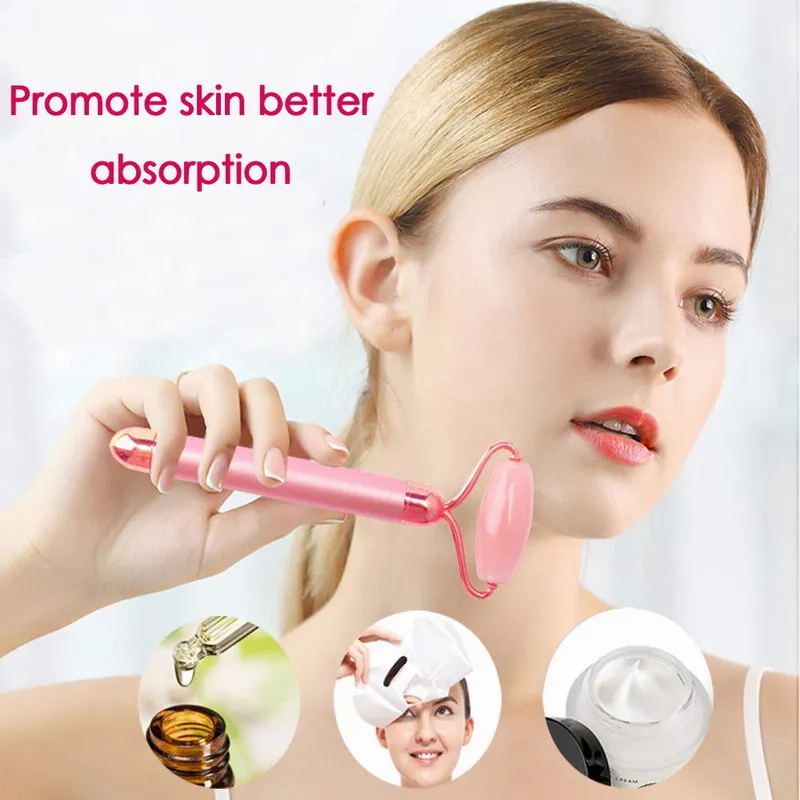 

Skin Tightening Face Lifting Facial Roller Massager Electric Vibration Rose Quartz Energy Beauty Bar, Rose gold