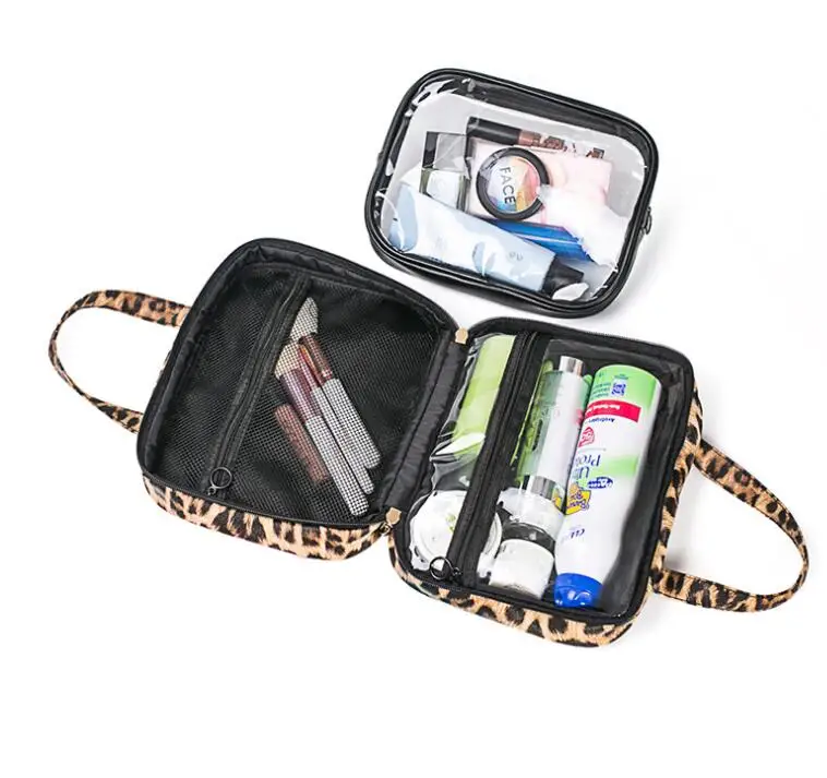 

Trendy Designer Leopard Bulk Zipper PVC Makeup Set Bag with Handle compartment