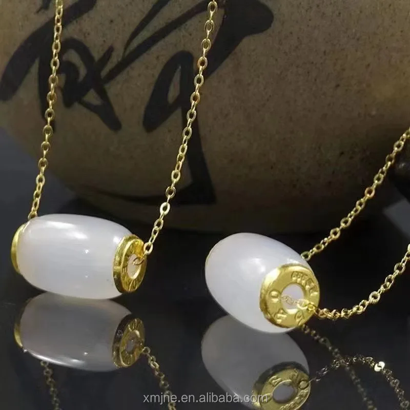 

Gold Inlaid Jade Passepartout Chalcedony Pendant Transfer Bead Pure Gold Jade White Jade Necklace