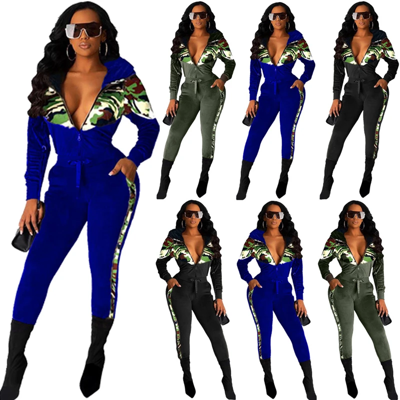 

2021 New Winter Camouflage Hoodies Velvet 2 Piece Sets Fashion Print Leopard Tracksuits Patchwork Velvet Two Piece Jogging Sets, Picture color