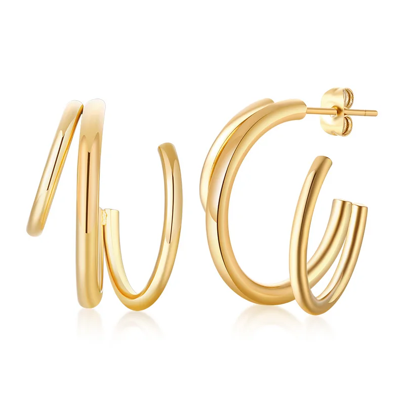 

Newest Statement Triple Hoop Earrings For Women Asymmetric 3 Bar Tube Hoops Stainless Steel Gold Filled, Gold ,silver