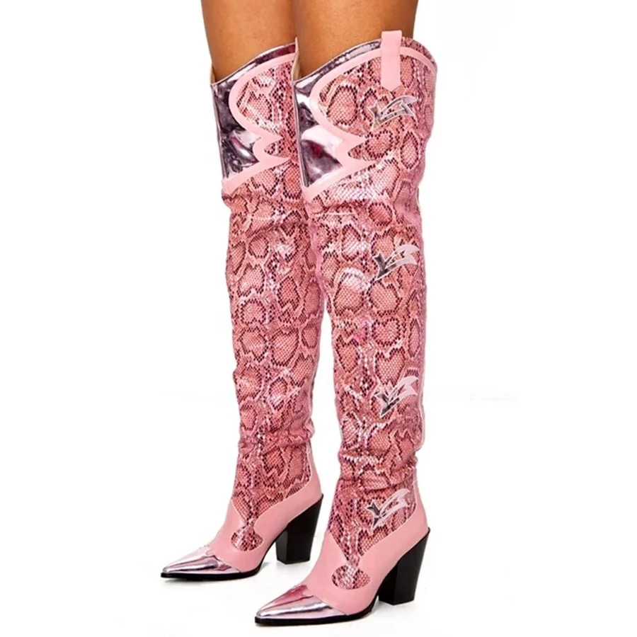 

Pink Snakeskin PU Upper Long Thigh High Boots for Ladies Slip On Chunky Heel Pointed Toe High Heel Boots Women Dress Shoes