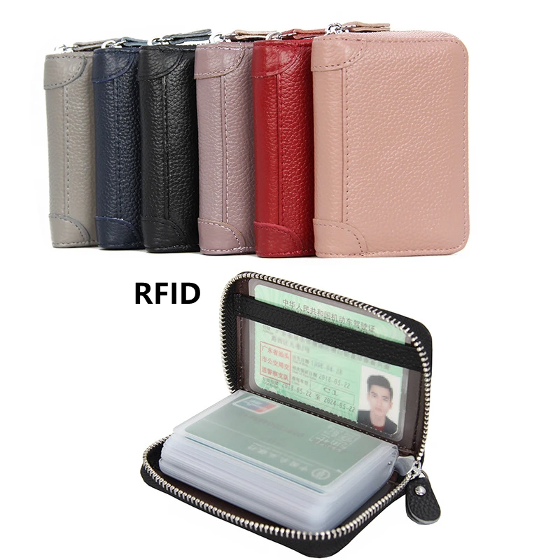 

Customize Fashional Real Leather Name Id Holder Rfid Blocking Multiple Zip Bank Credit Card Holders Wallet Case