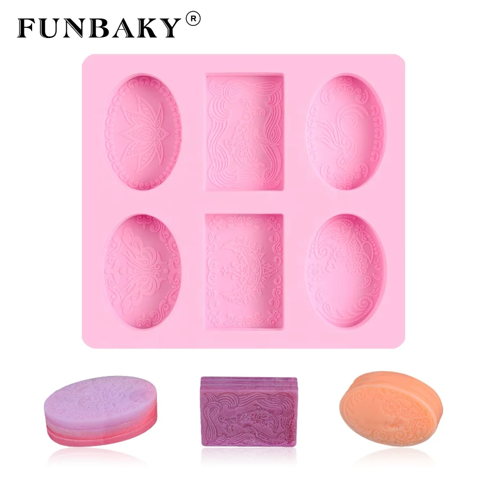 

FUNBAKY Heat resistant 6 cavity large volume cake mold rectangle oval shape soap silicone mold candle making tools, Customized color