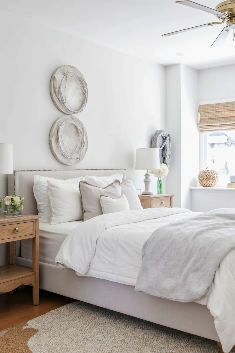 White shelf with gray decor items and dust-free surface