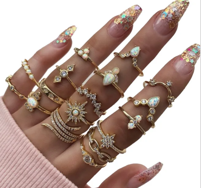 

17Pcs/ Set Wholesale Fashion Water Drops Crown Stars Gem Crystal Knuckle Gold Ring Set for Women, Antique silver