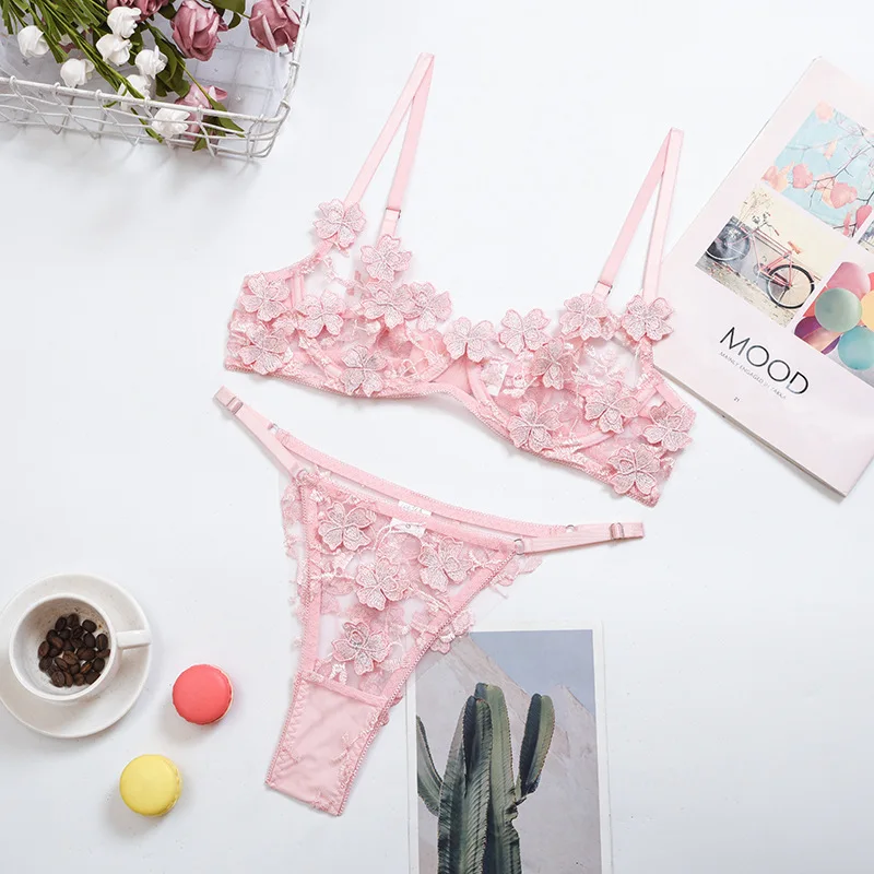 

US 2021 Luxury Designer Famous Brand Multiple Colors Flower Seethrough Bridal Lace Embroideryed Sexy Bra and Panty Lingerie Sets, Picture shown bra & panty sets or customize