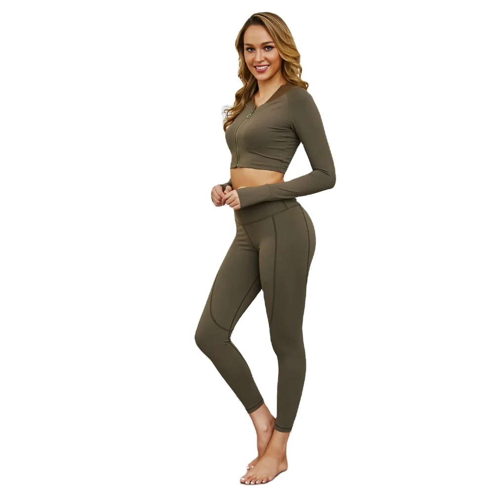 

Tight Long Sleeve Custom Gym Coat Comfortable Breathable High Waist Leggings Fitness Women Yoga Suit, Pink.olive