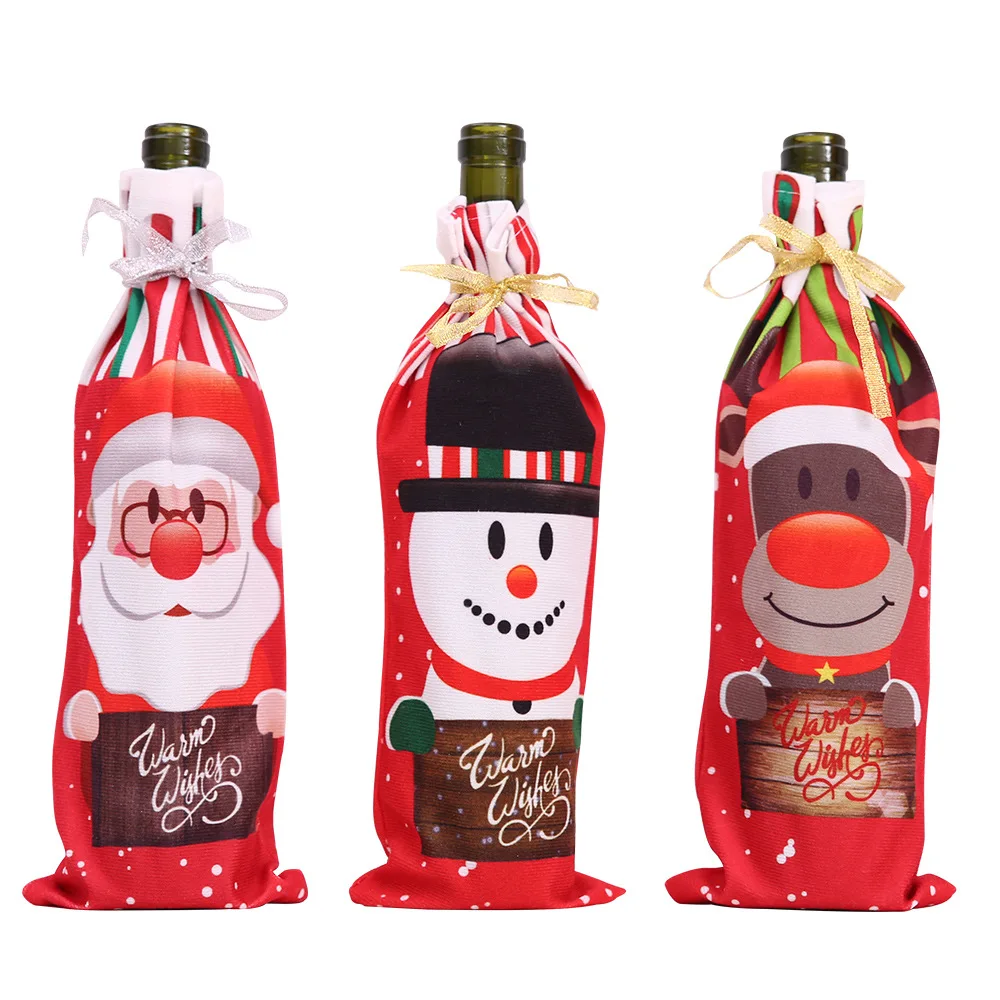 

Free shipping Christmas decorations printed realistic bottle bags wine champagne gift bag cartoon design bottle cover