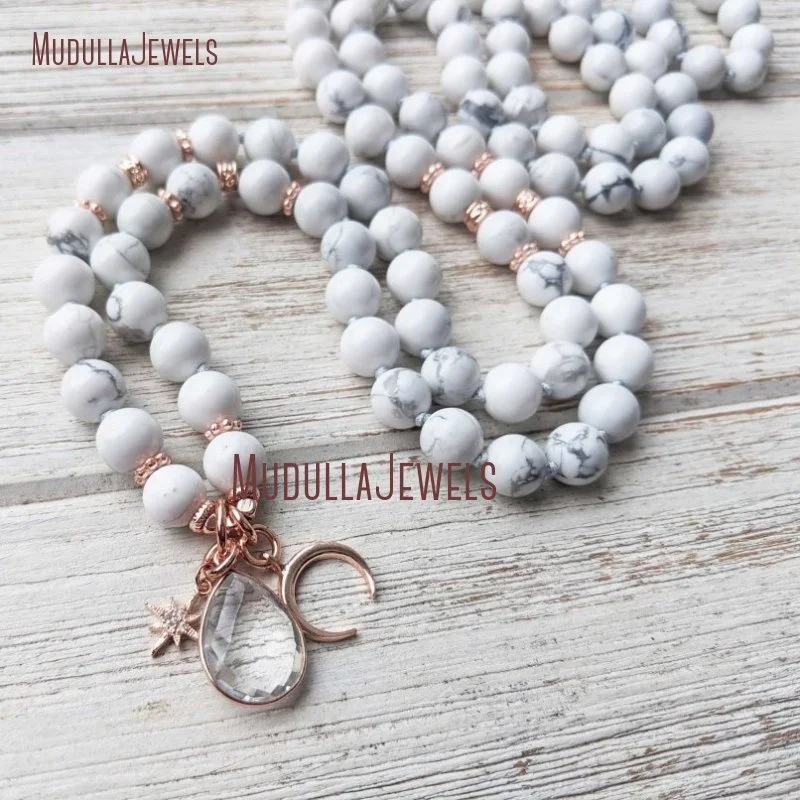 

MN31555 108 Mala Beads Necklace White Marble Turquoise Howlite Mala Necklace with Rose Gold Crescent Moon and North Star Charm, Picture