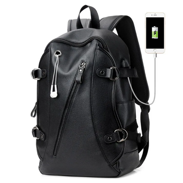 

Custom big capacity popular PU man leather laptop backpack school with earphone hole bag fashion travel backpack