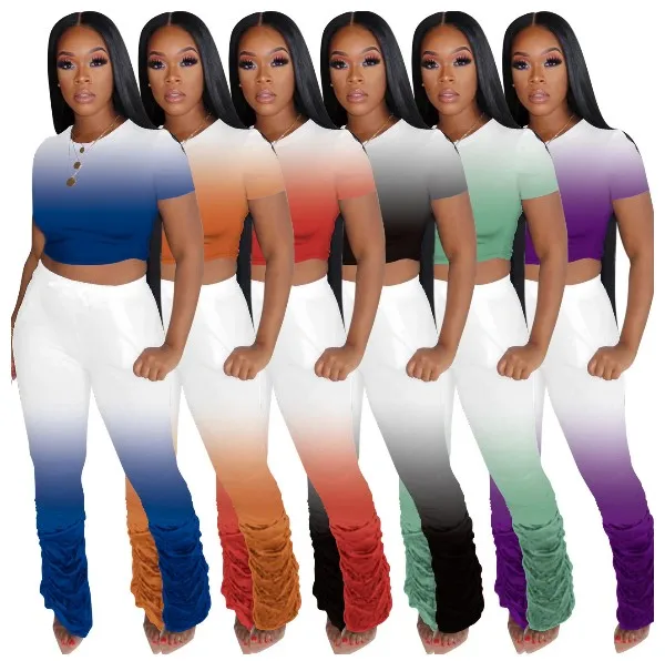 

gradient short sleeve ruched flare pants jumpsuit women fashion