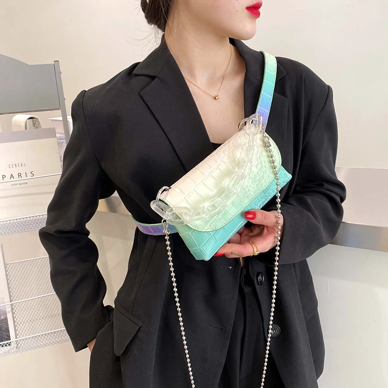 

2022 New Instagram Trend Waist Bag Gradient Color Alligator Pattern Small Shoulder Purse Fashion Chain Crossbody Hand Bag, As show