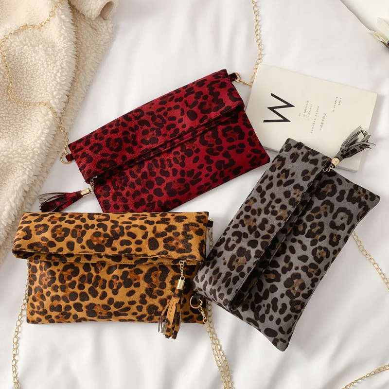 

Fringed Zipper Folding Flap Women Suede Leopard Print Clutch Bag with Metal Chain, 3 choices