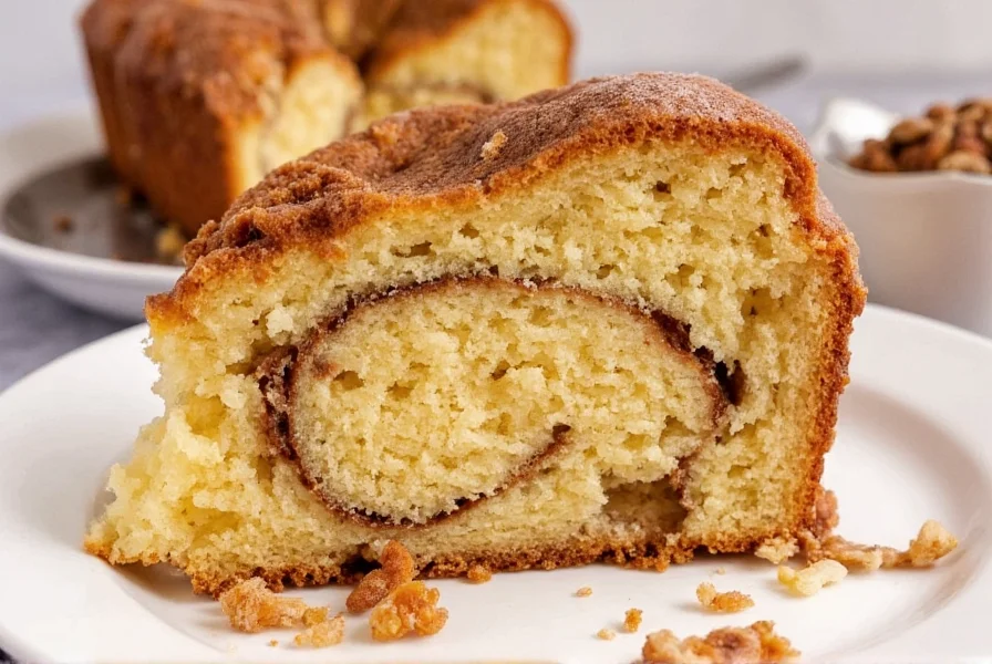 Cinnamon roll coffee cake sliced to show marbled swirls of cinnamon filling throughout golden cake batter