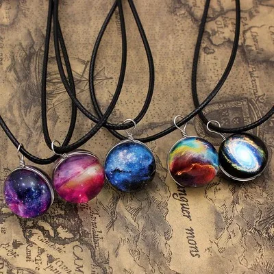 

Hot Sale Universe Planet Time gem Pendant Glass Necklace Solar System Double Sided Starry Sky Necklace Wholesale, As picture