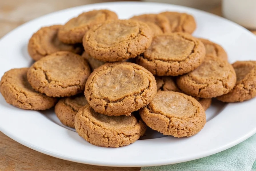 Close-up of perfectly baked ginger cookies with crackled tops on a baking sheet, showing slightly crisp edges and soft centers