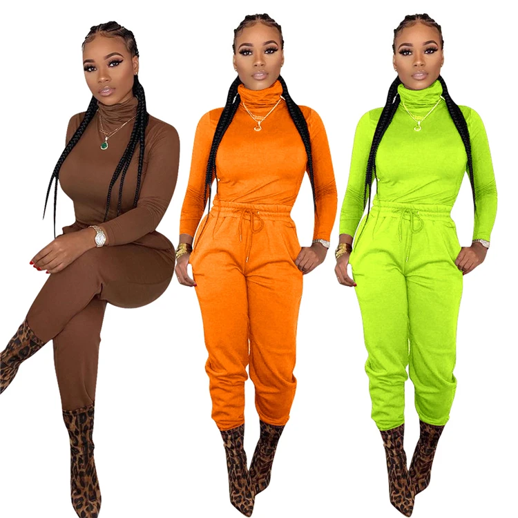 

long sleeve drawstring solid color casual women high waist jogger cotton two piece set, Fluorescent green,orange,coffee