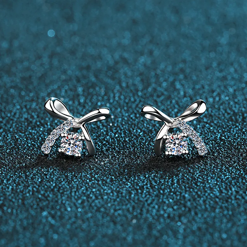 

Silver 925 Original Total 0.2 Carat Micro Diamond Test Past VVS Moissanite Bow-knot Earrings Cute Small Gemstone Stud Earrings