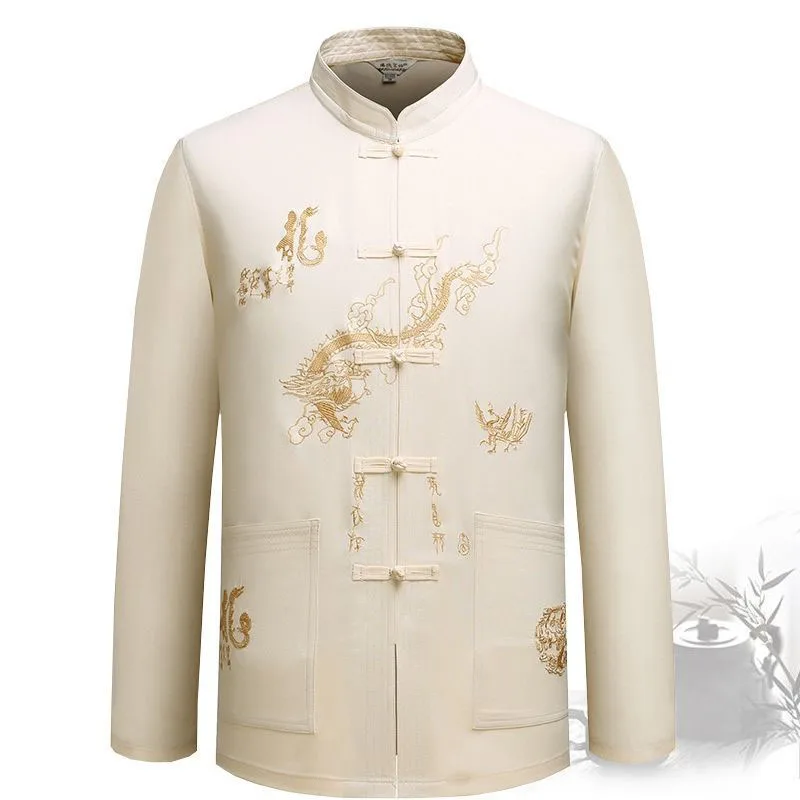 RNSHANGER Men's Traditional Chinese Dragon Design Spring Casual Shirt Breathable Standing Collar Tangsuit