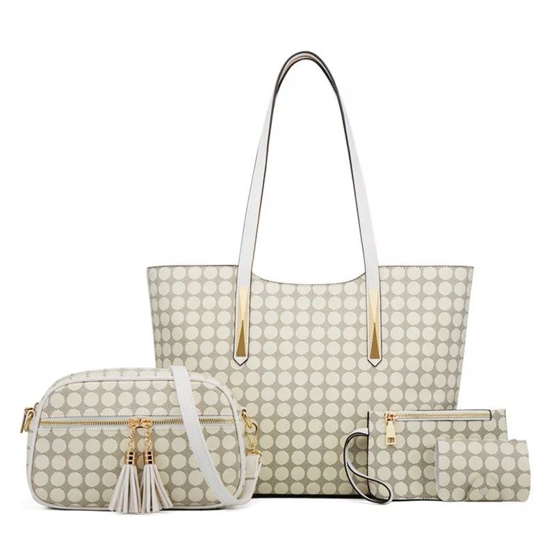 

2021 Fashion Polka Dot Tassels Large Purse Tote Shoulder Shopping 4 Piece Bag Set